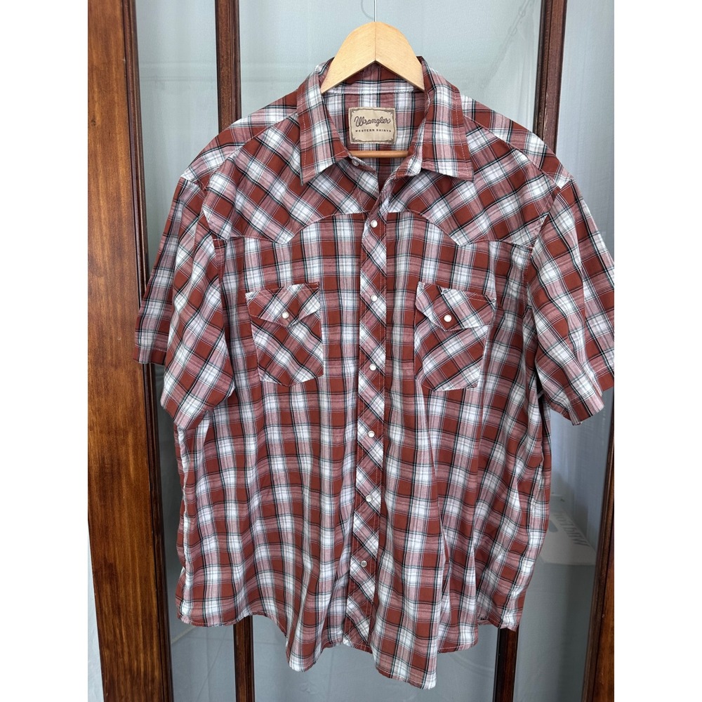 Wrangler Mens Western Shirt 2XL Rust Red Plaid Short Sleeve Pearl Snap Country